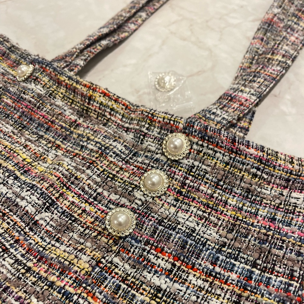 Tweed Flare Skirt with Pearl Details & Removable Suspenders